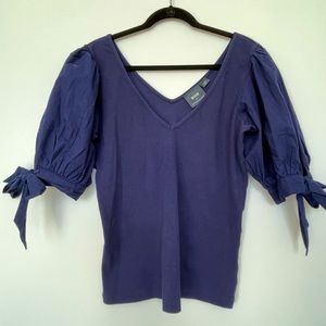 V neck top with elbow length puff sleeves with bow